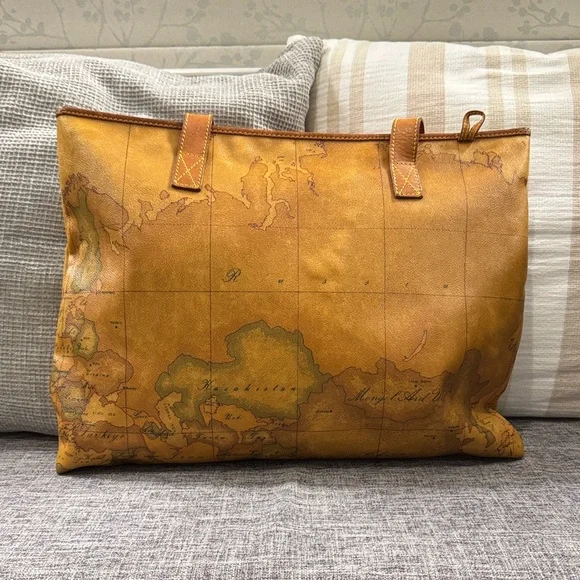 Alviero Martini Tan Map Print Shoulder Bag with Zipper Closure